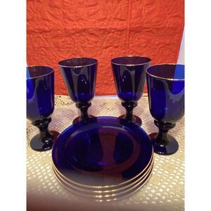 Libbey Cobalt Blue GOLD TRIM Flare Water Goblets & Salad Plates‎ Set Of 4 Each